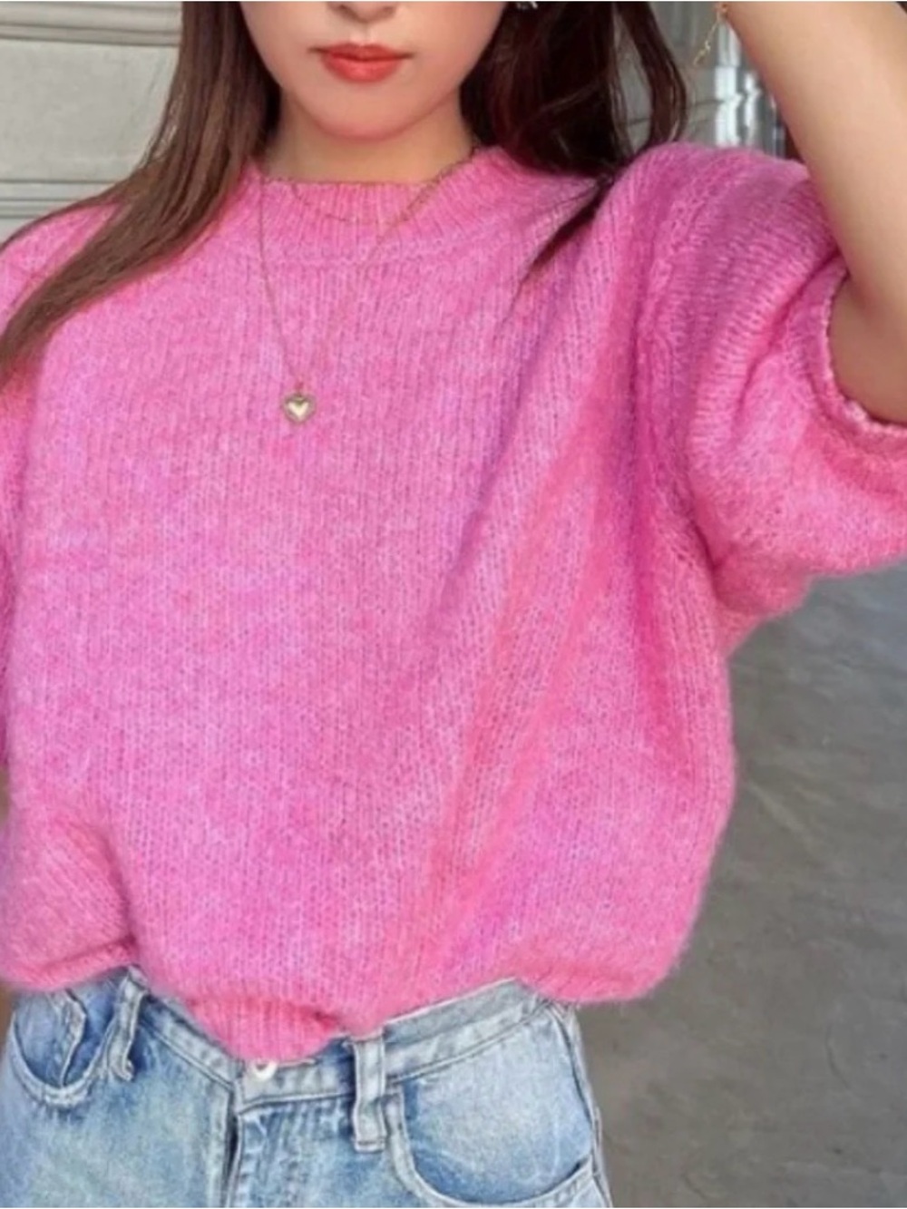 Zara, Soft Short Balloon Sleeve Crewneck Sweater in Pink, sz M